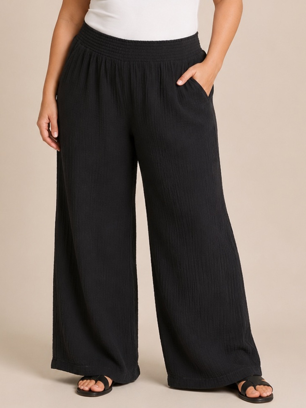 Joyspun Black Double Gauze Wide Leg Pants Women’s Plus Size 2X Pull-On Cotton